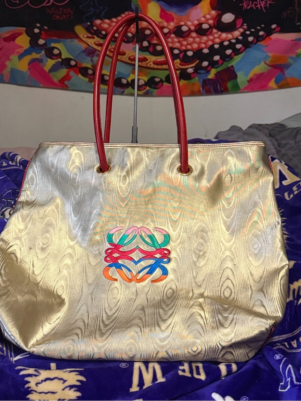 Loewe Iridescent Gold Tote with Multicolor Logo and Red Handles